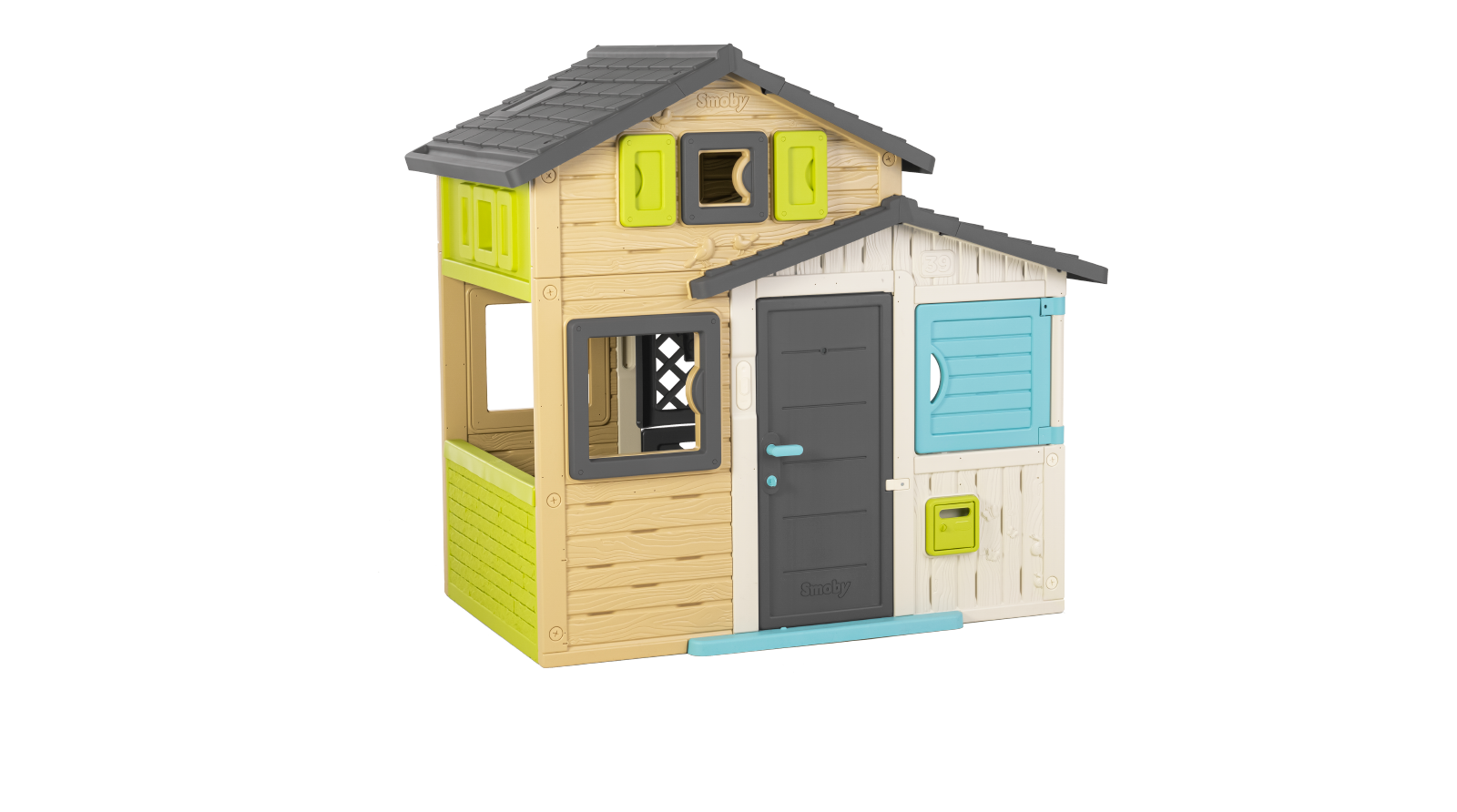 Maison des Amis dans des couleurs élégantes Friends House Evo Playhouse Smoby Porte extensibles à 2 battants avec clé, 6 fenêtres avec filtre UV, hauteur 162 cm.