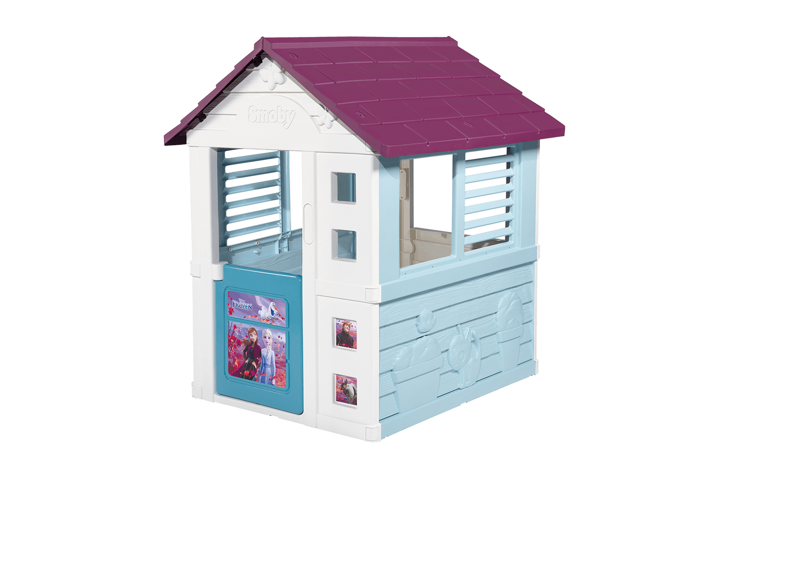 Maisonnette Disney Frozen Playhouse Smoby Portes demi-hauteur et 2 fenêtres avec des stores à filtre UV depuis 2 ans.