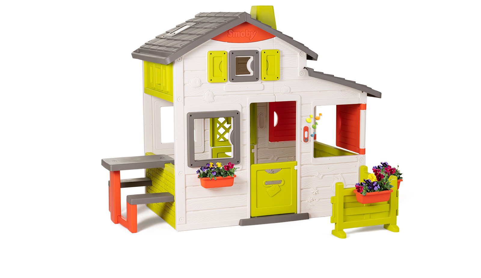 Maison spacieuse Neo Friends House Smoby Avec un jardin extensible, 2 portes, 6 fenêtres et une table de pique-nique de 172 cm de haut avec un filtre UV.